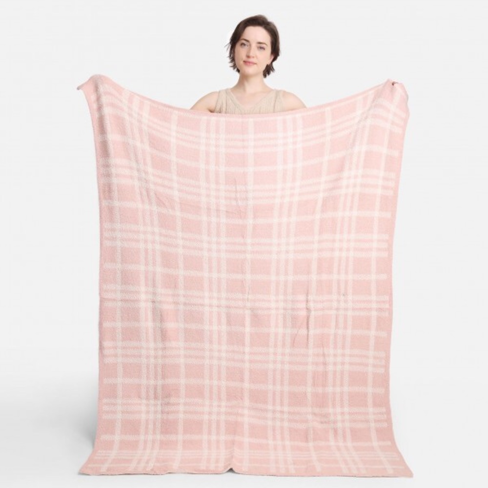 Super Soft Jacquard Pink Plaid Comfy Luxe Knit Blanket